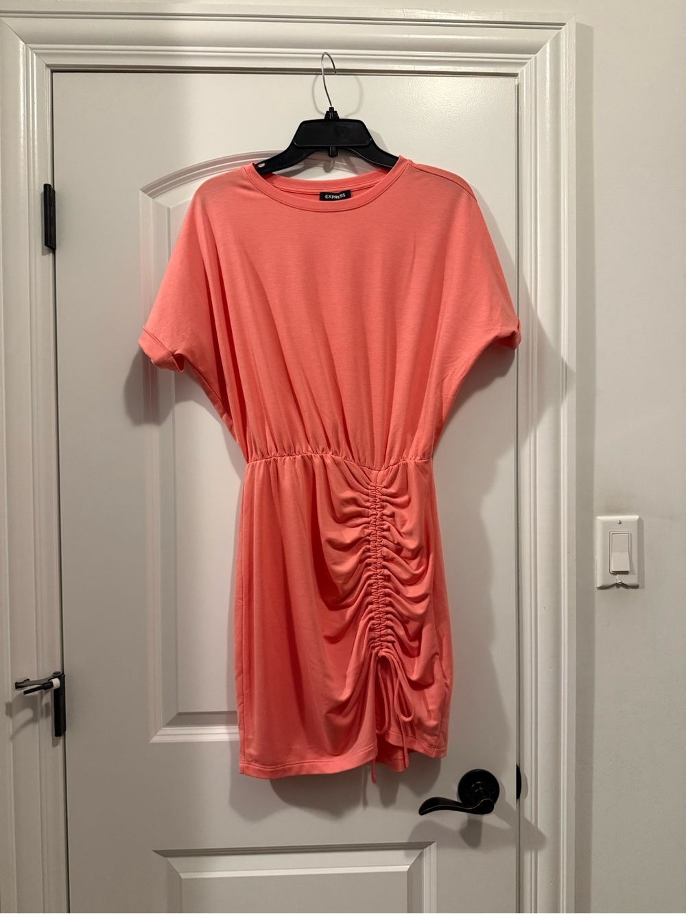Express Coral Ruched T-Shirt Mini Dress